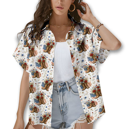 Lifestyle view of the matching family Hawaiian shirt with Americana design