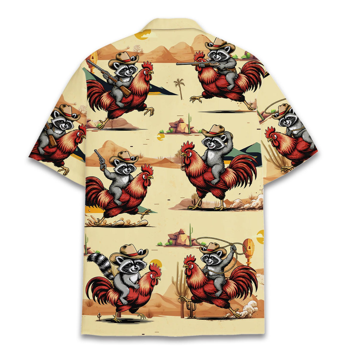 Back view of the matching family hawaiian shirt with western desert landscape