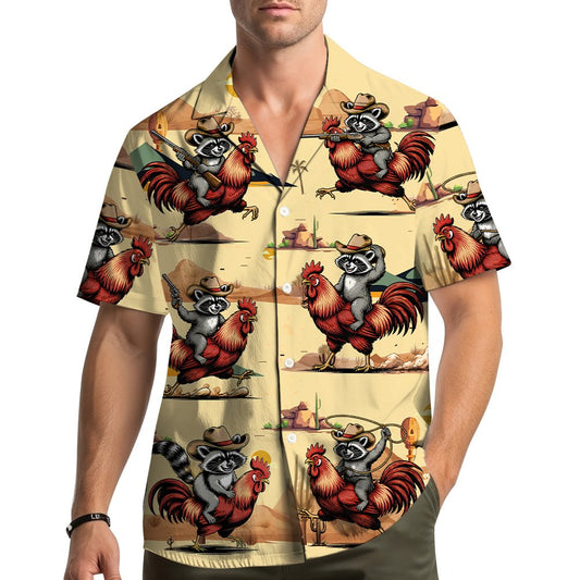 Main view of the animal print hawaiian shirt featuring cowboy raccoons riding roosters