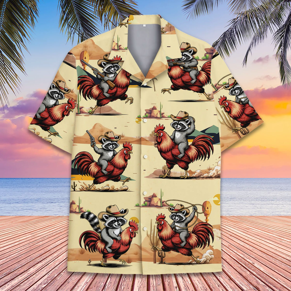 Fifth lifestyle view highlighting the raccoon and rooster design