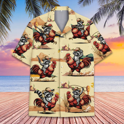 Fifth lifestyle view highlighting the raccoon and rooster design