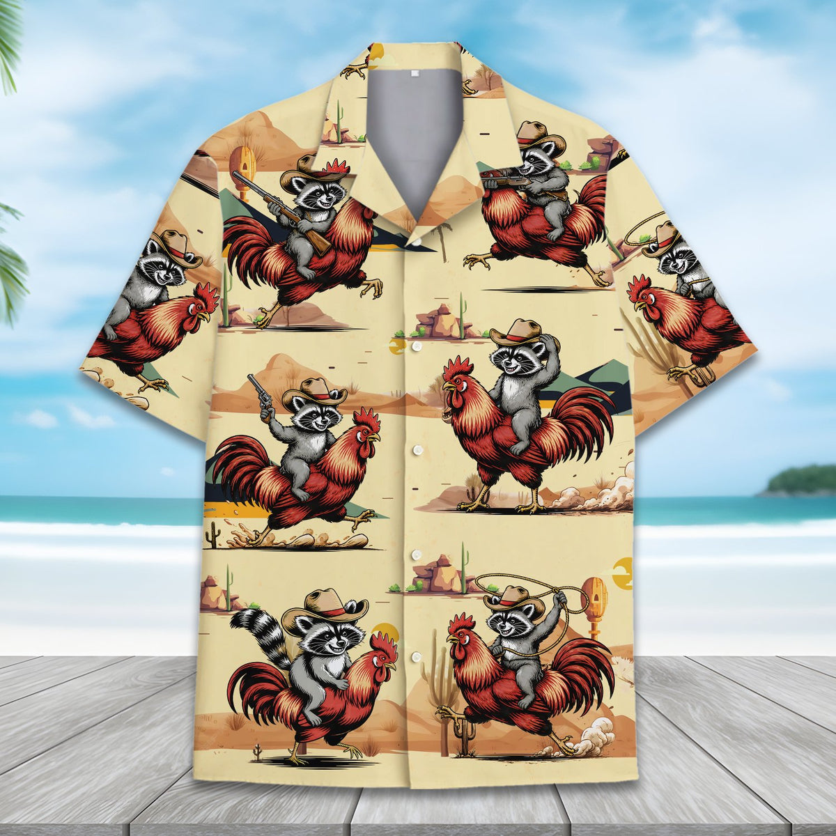 Sixth lifestyle view of the beige western hawaiian shirt