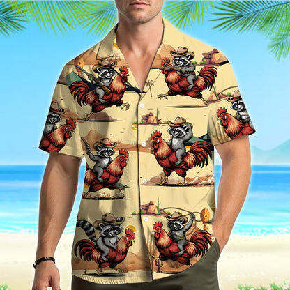 Lifestyle view of a family wearing the cowboy raccoon hawaiian shirt