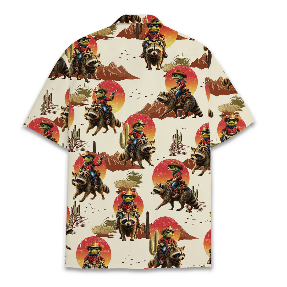 Back view of the western animal hawaiian shirt with desert landscape design