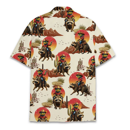 Back view of the western animal hawaiian shirt with desert landscape design