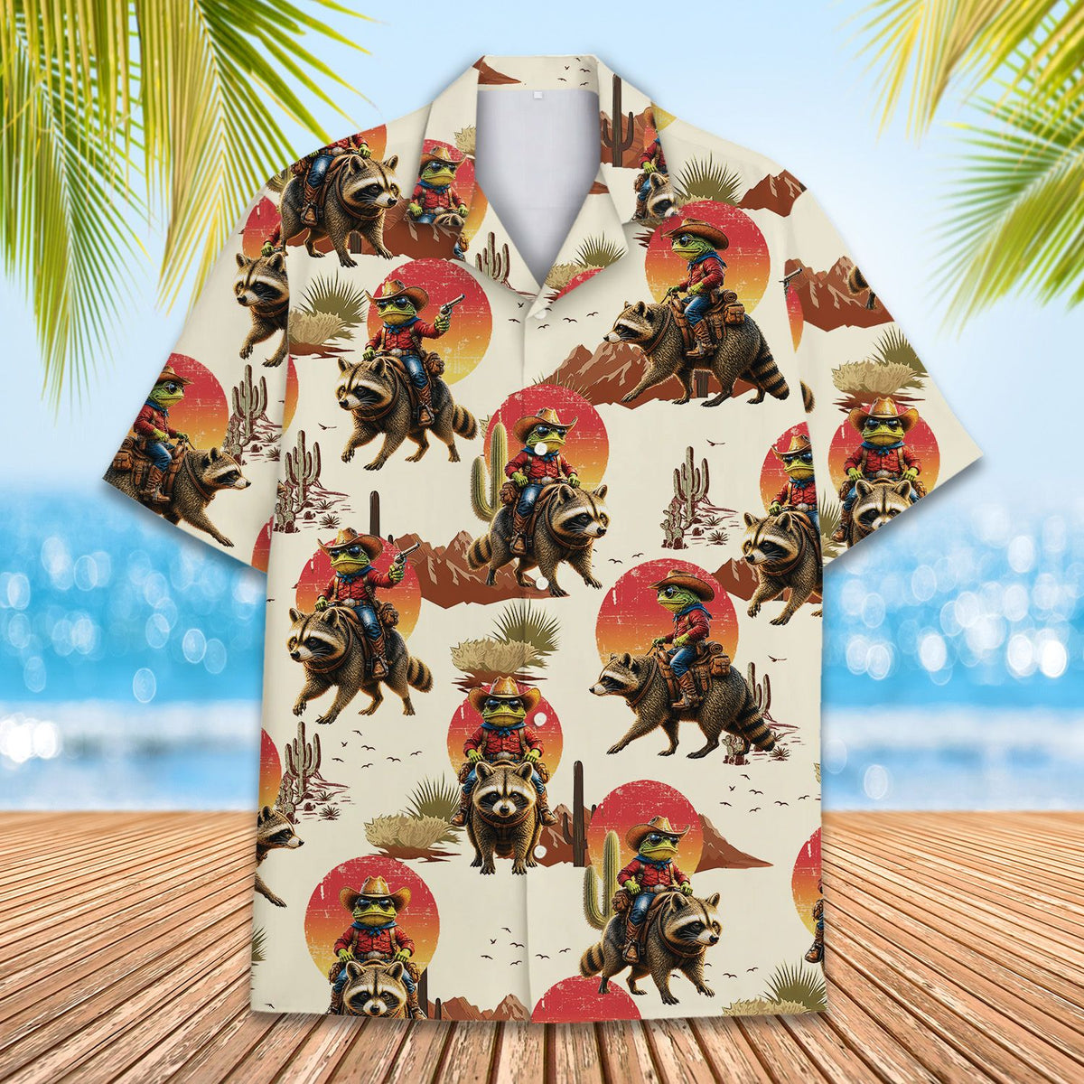 Detailed front view showing the cowboy frog and raccoon pattern