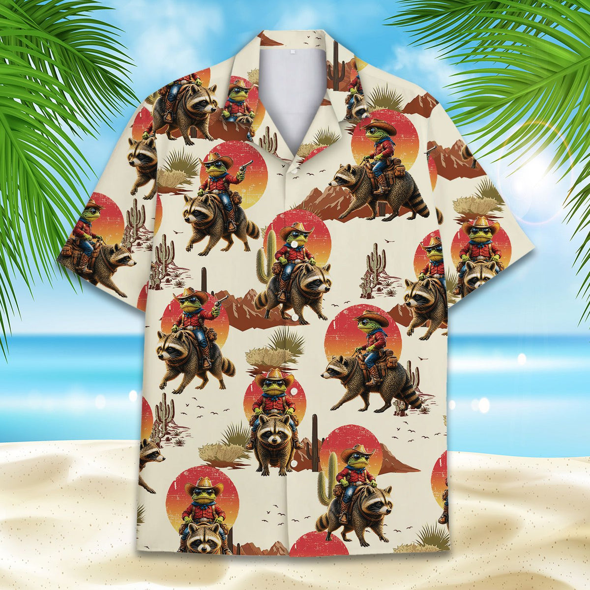 Close-up front view of the western animal hawaiian shirt collar and buttons