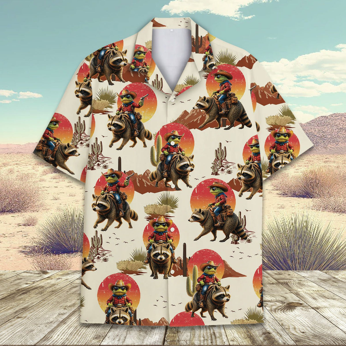 Main view of the western animal hawaiian shirt featuring cowboy frogs and raccoons