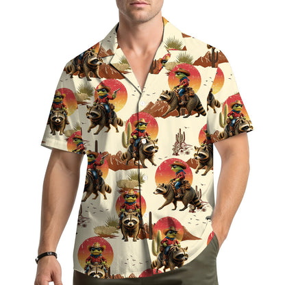 Lifestyle view of a person wearing the western animal hawaiian shirt
