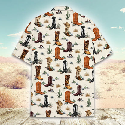 Back view of beige family matching western hawaiian shirt