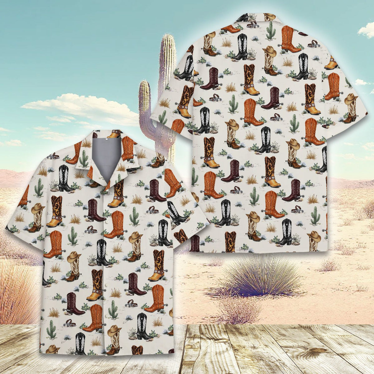 Back view of the western cowboy boots and hats hawaiian shirt