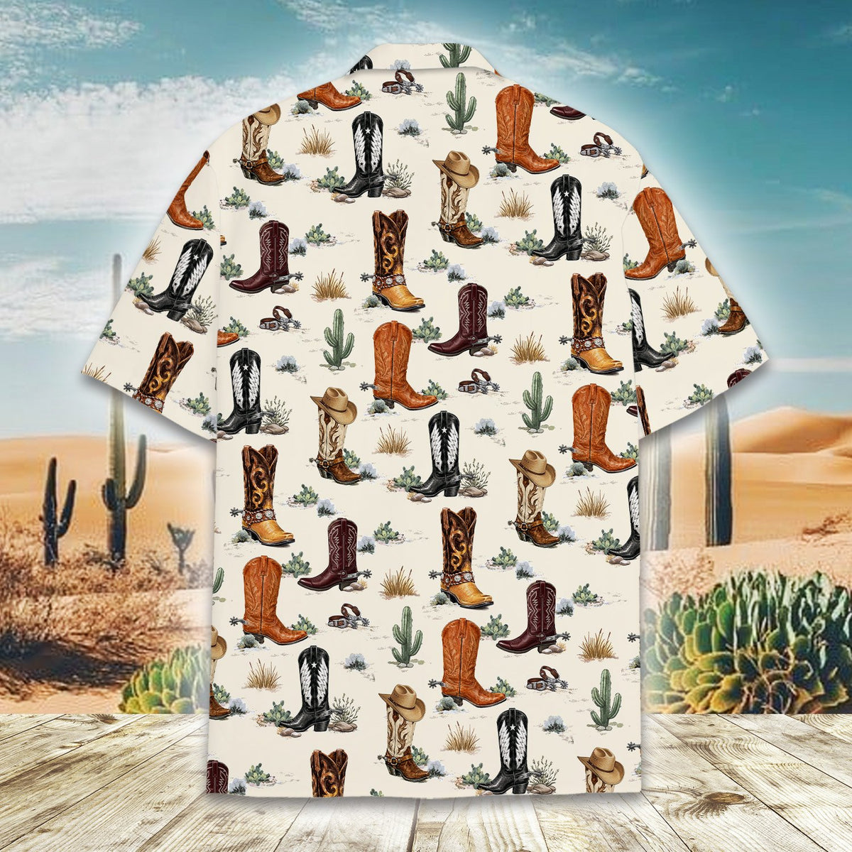Back view of western hawaiian shirt featuring all-over cowboy print