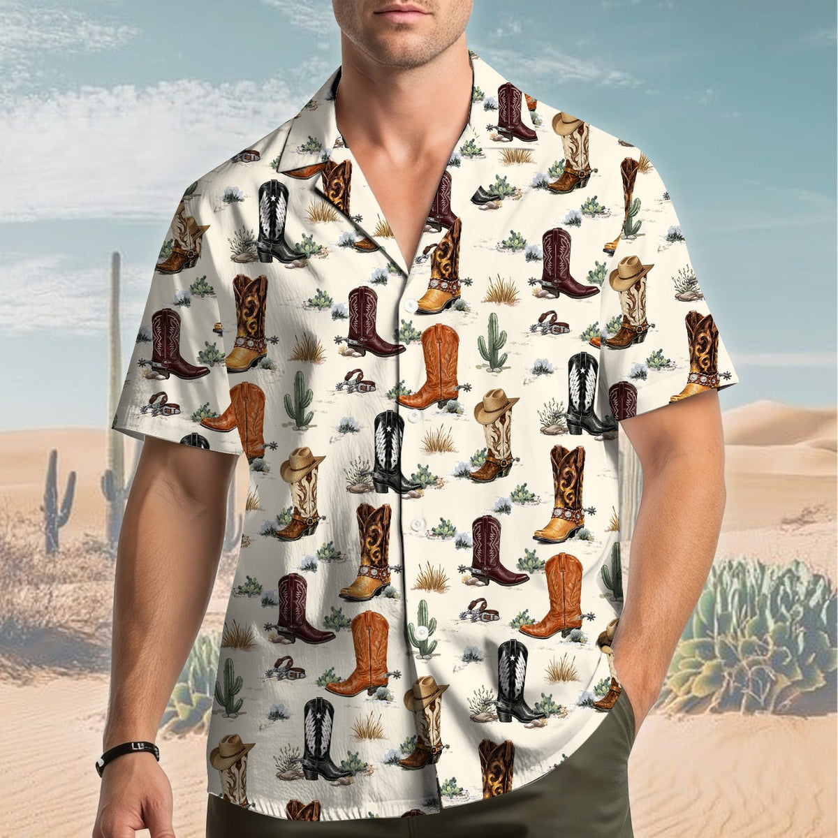Front view of family matching western hawaiian shirt in beige