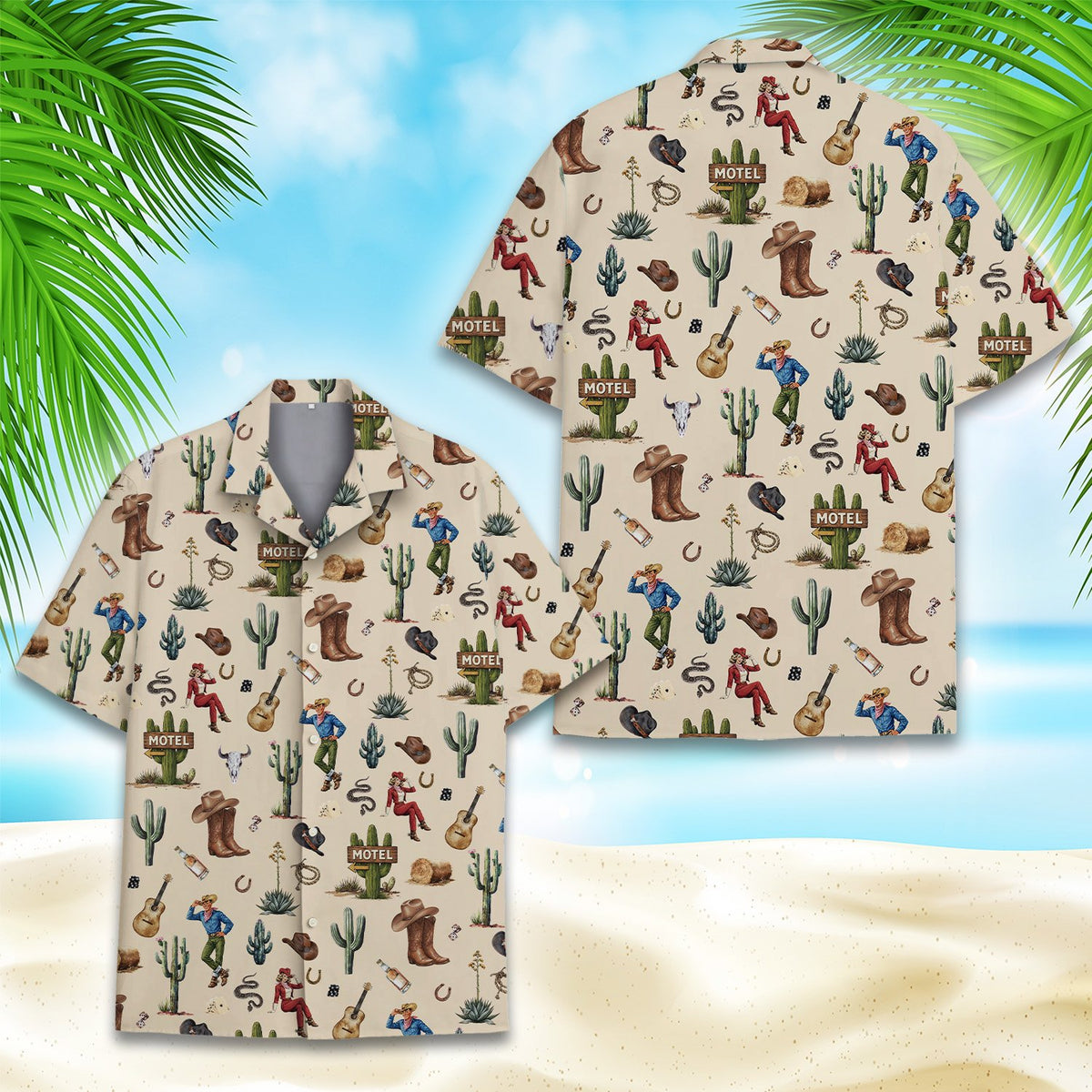 Alternative front view of the beige western hawaiian shirt