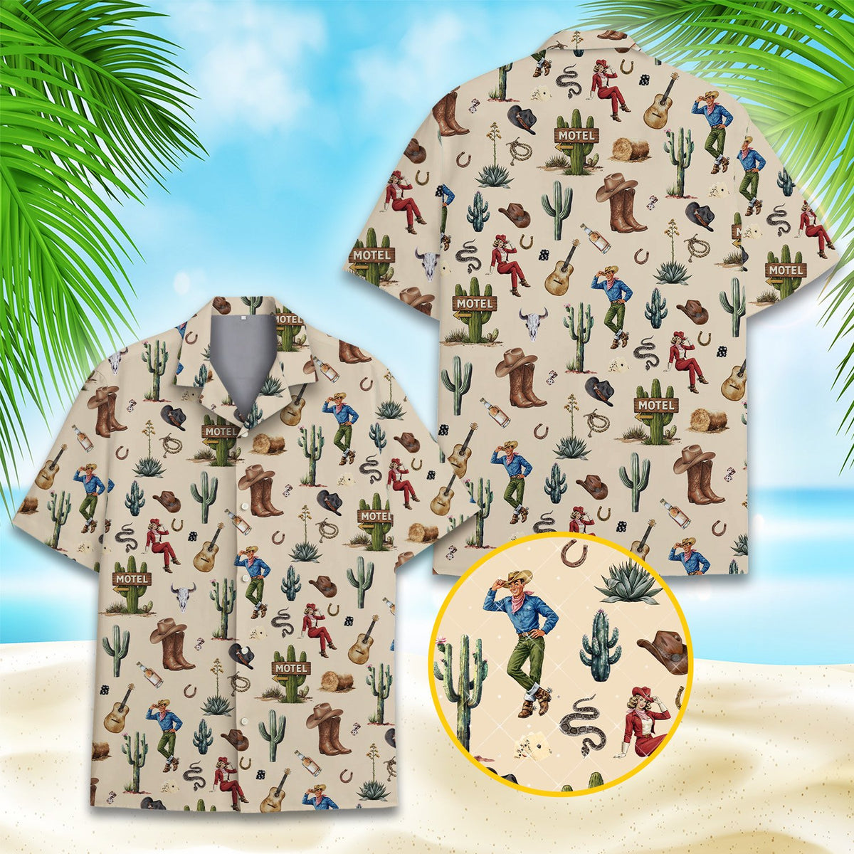 Close up front view detailing boots and hats on the western hawaiian shirt