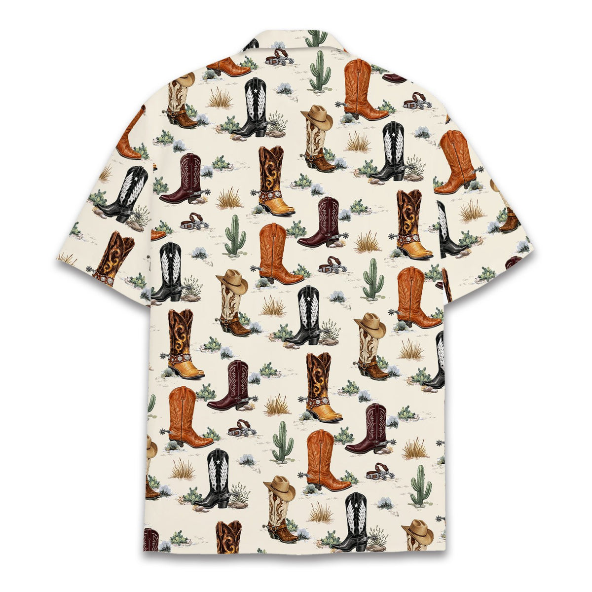 Front view of cowboy boot print hawaiian shirt