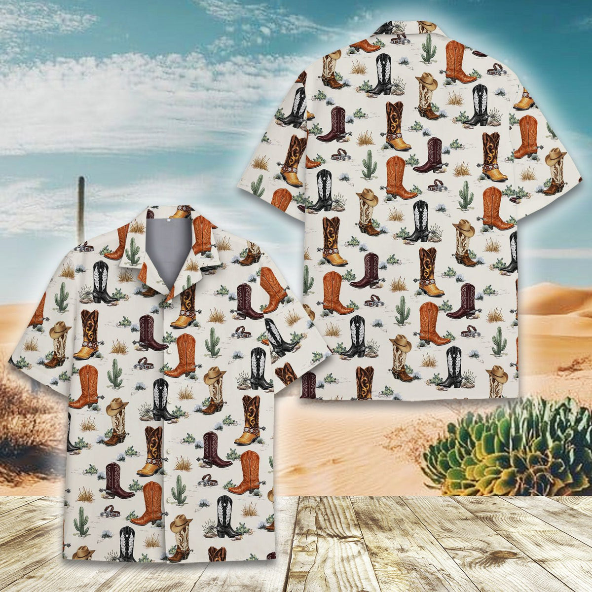 Front view of beige western pattern matching family hawaiian shirt