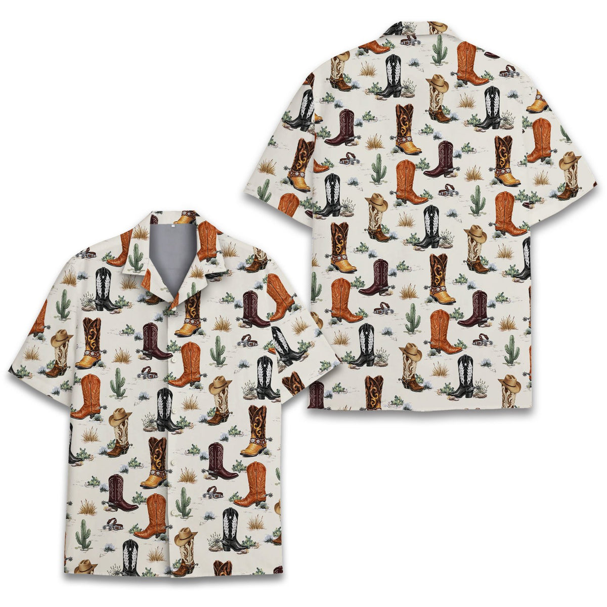 Main view of beige western hawaiian shirt featuring cowboy boots and hats