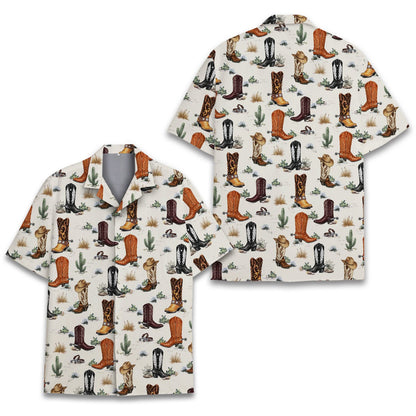 Front view of western hawaiian shirt with cowboy boots print