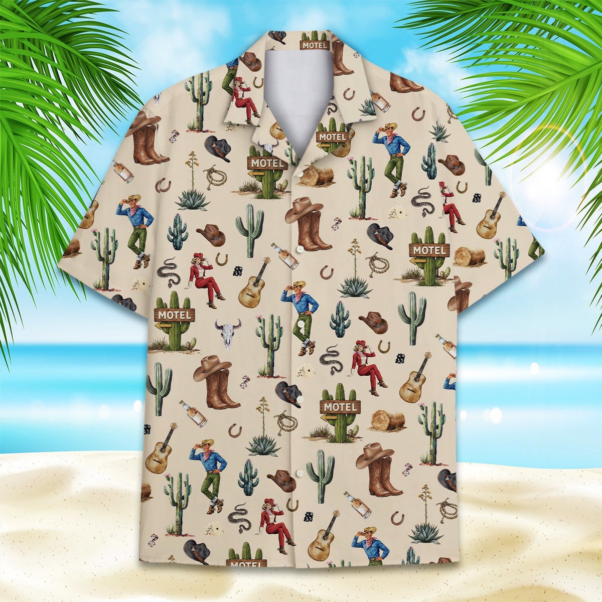 Main view of the vintage western hawaiian shirt in light beige
