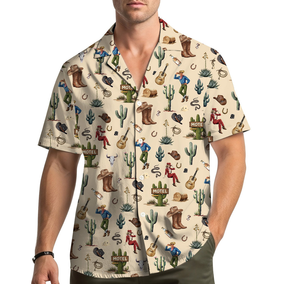 Lifestyle view of a family wearing the matching western hawaiian shirts
