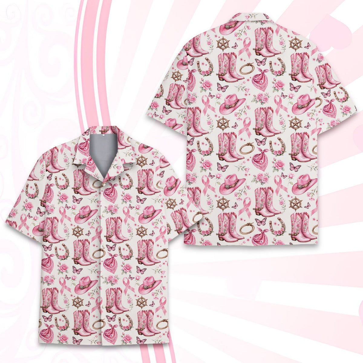 Third front view of the pink ribbon western shirt