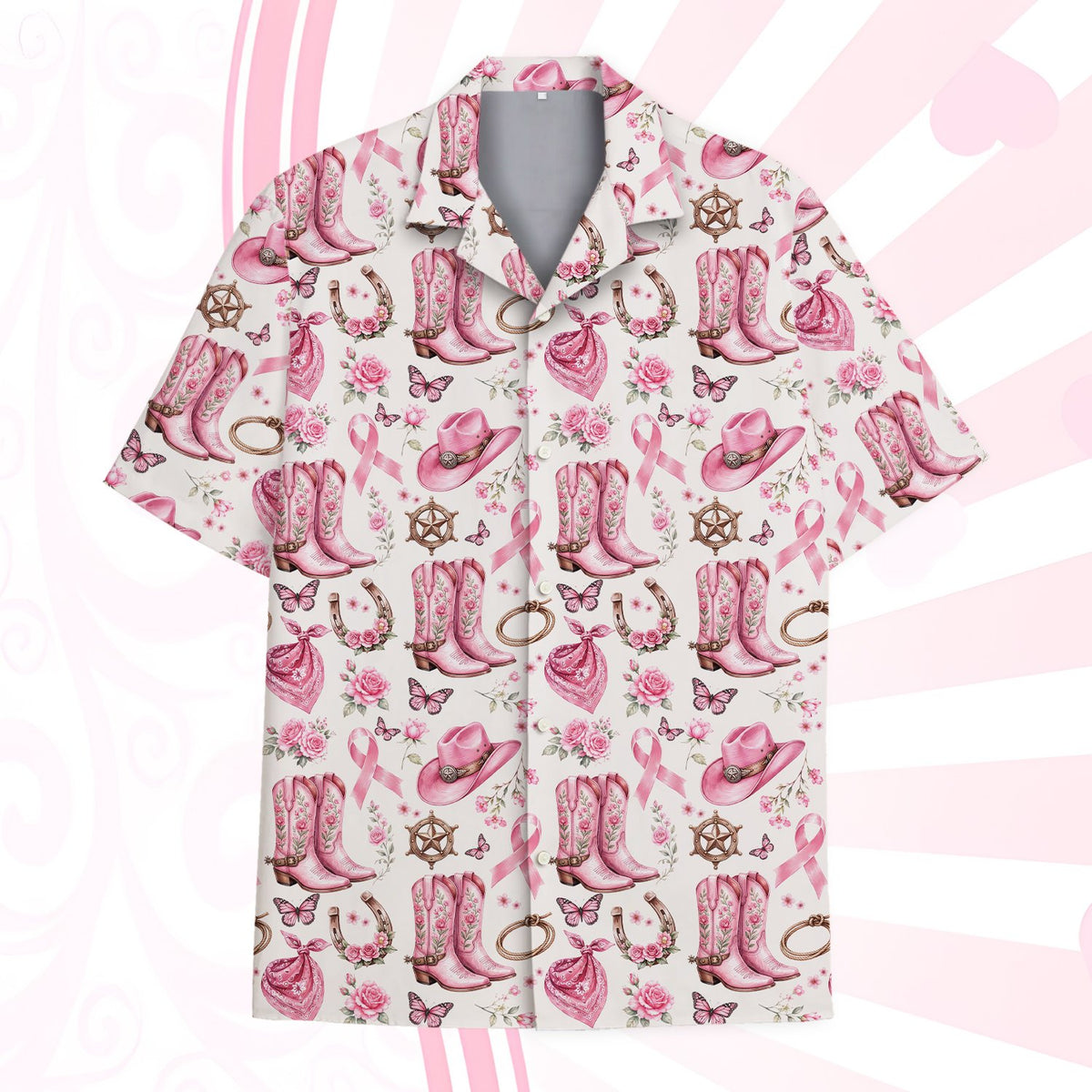 Front view of the western breast cancer awareness hawaiian shirt