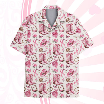 Hawaiian long sleeve western shirt with pink cowboy boots and ribbons, main view