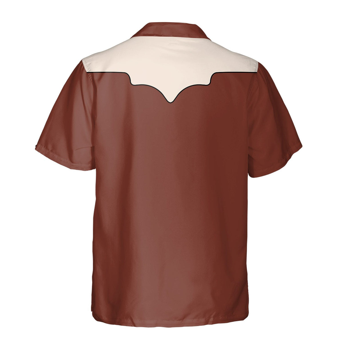 Brown western hawaiian shirt with cowboy bucking bull design, flat back view