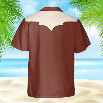 Brown western hawaiian shirt with cowboy bucking bull design, back view