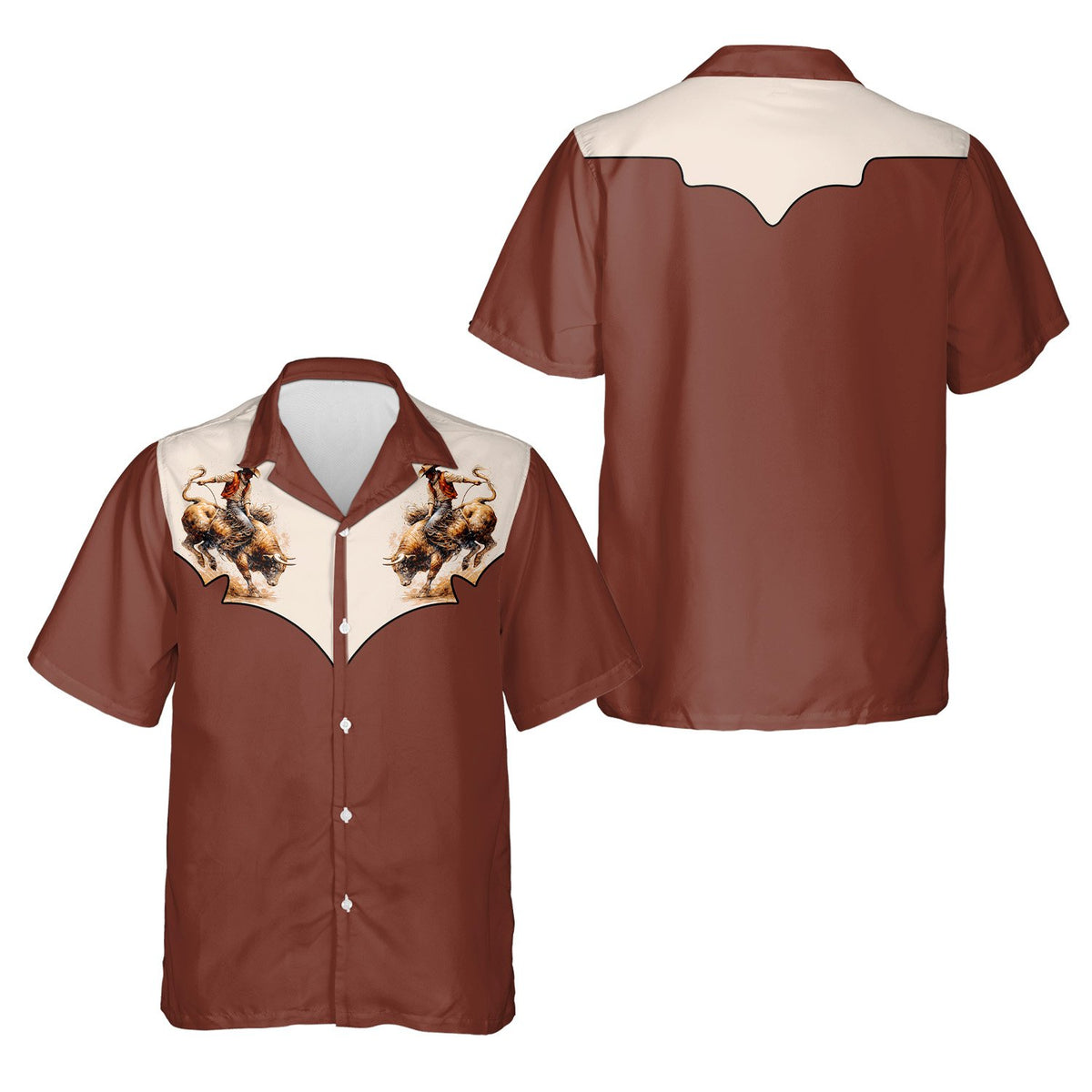 Brown western hawaiian shirt with cowboy bucking bull design, flat front view