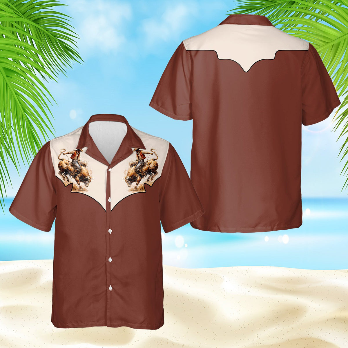 Brown western hawaiian shirt with cowboy bucking bull design, folded front view