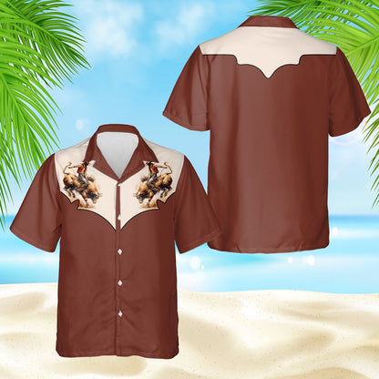 Brown western hawaiian shirt with cowboy bucking bull design, folded front view