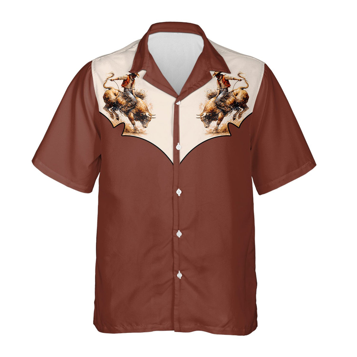 Brown western hawaiian shirt with cowboy bucking bull design, main front view