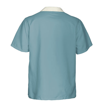 Back detail of the blue western hawaiian shirt
