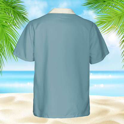Western cats hawaiian shirt back view showing blue and beige pattern