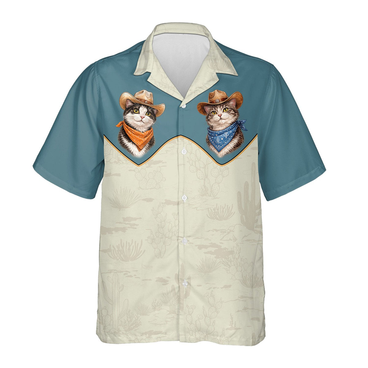 Blue and beige western hawaiian shirt front detail