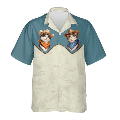 Blue and beige western hawaiian shirt front detail