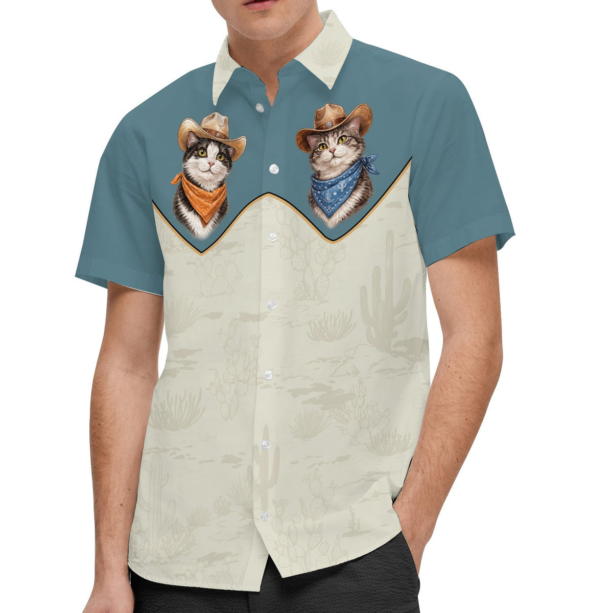 Second lifestyle view of the western cats hawaiian shirt