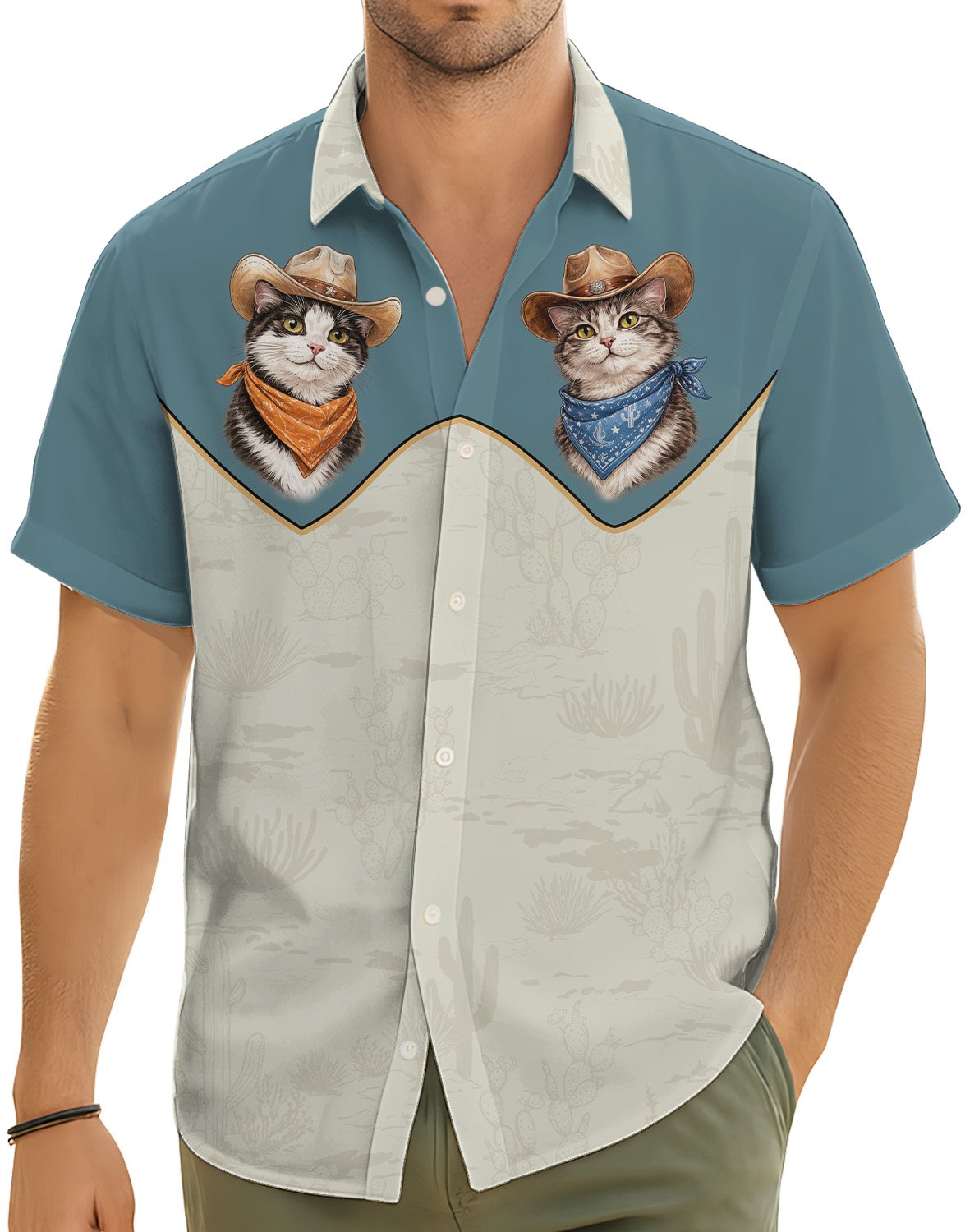Lifestyle view of someone wearing the matching family hawaiian shirt
