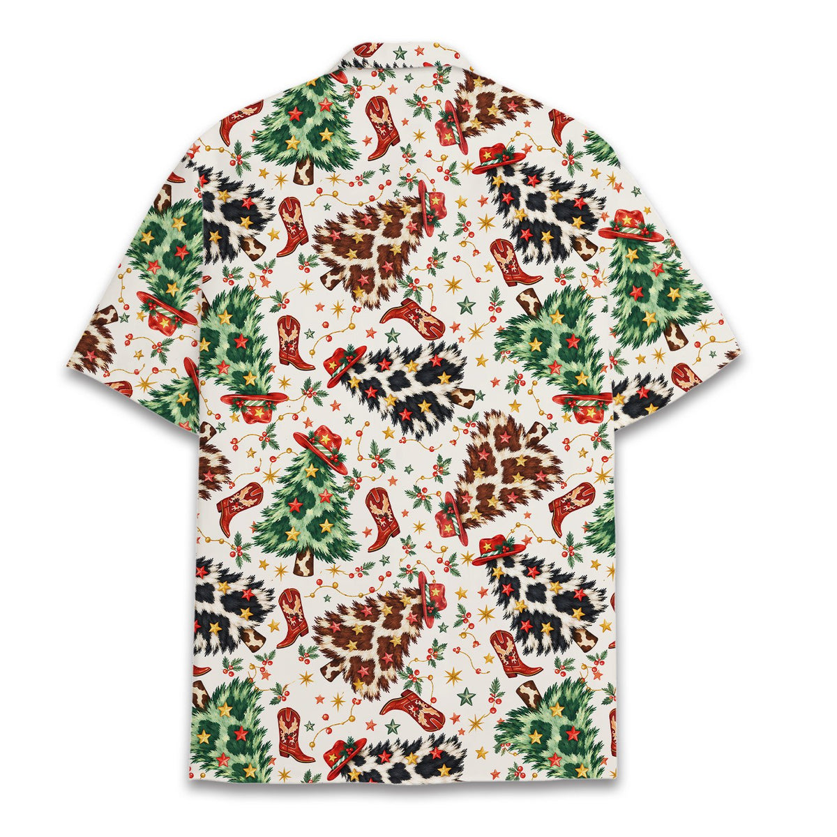 Matching family hawaiian shirts western christmas pattern, back view
