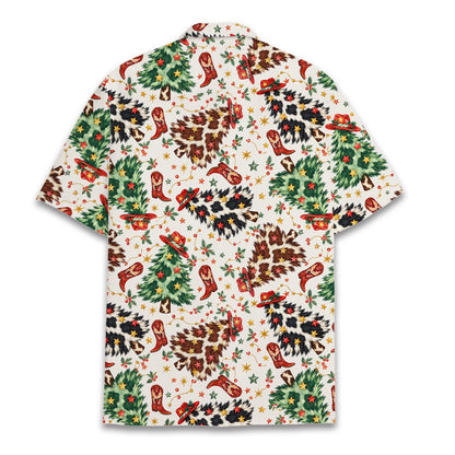 Matching family hawaiian shirts western christmas pattern, back view