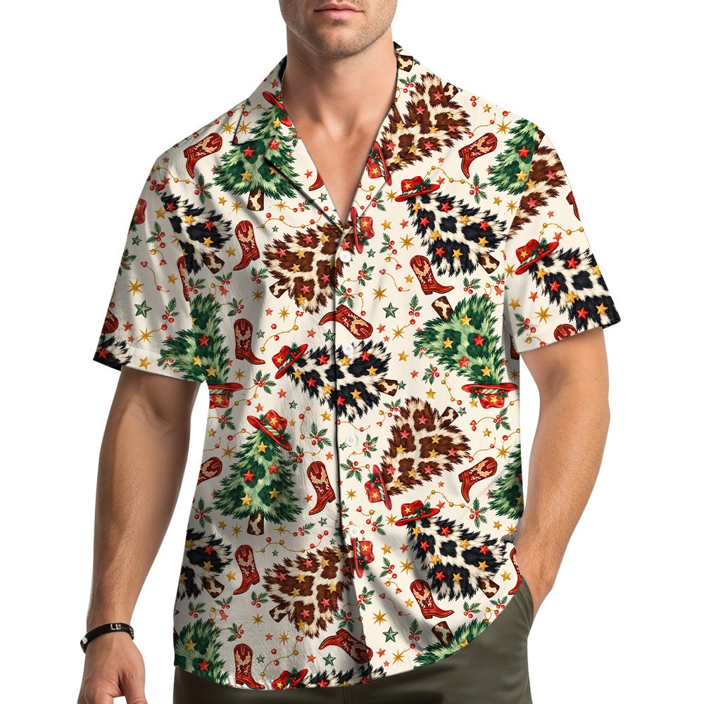 Western christmas hawaiian shirt with cow print trees, another front view
