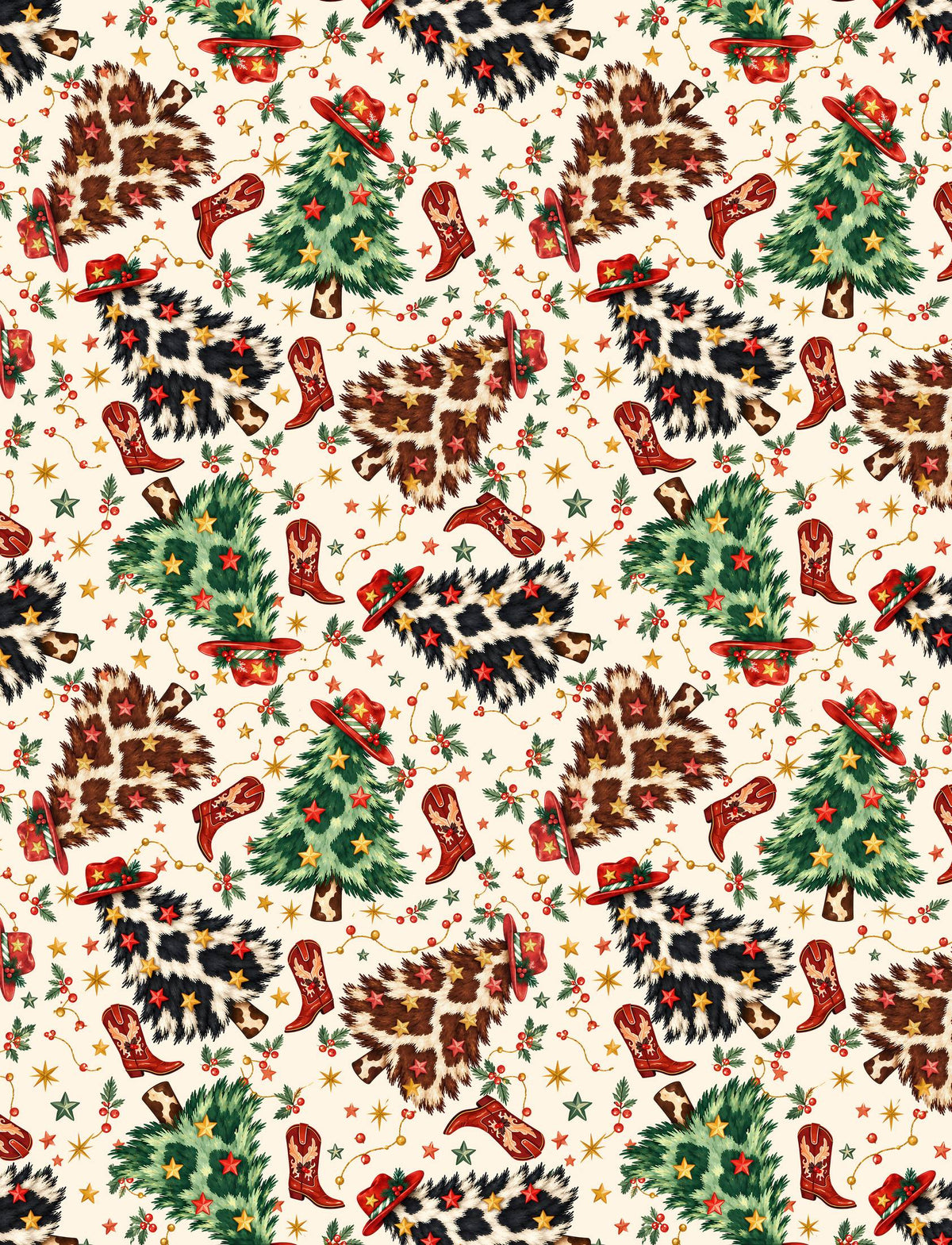 Holiday hawaiian shirt featuring red cowboy boots and hats, front angle view
