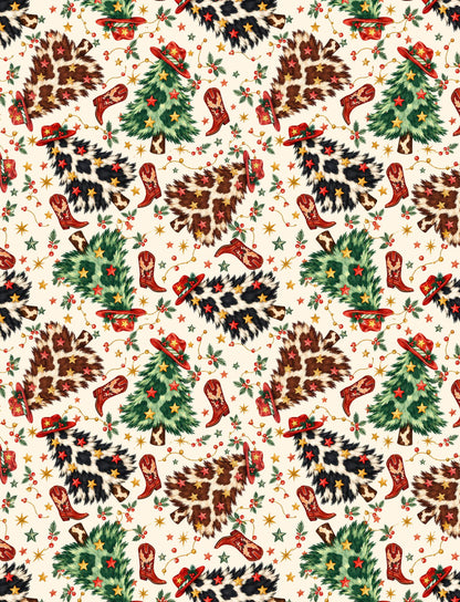 Holiday hawaiian shirt featuring red cowboy boots and hats, front angle view