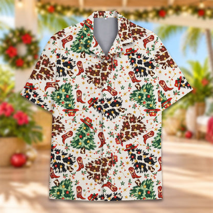 Festive western hawaiian shirt flat lay front view