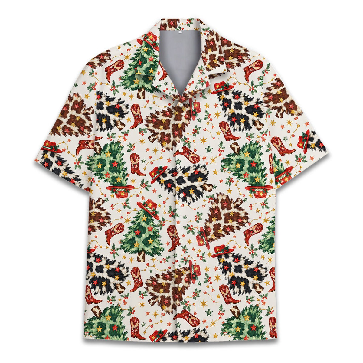 Matching family hawaiian shirts western christmas design, front view detail