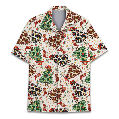 Mens western hawaiian shirt with christmas tree and cowboy hat pattern, front view
