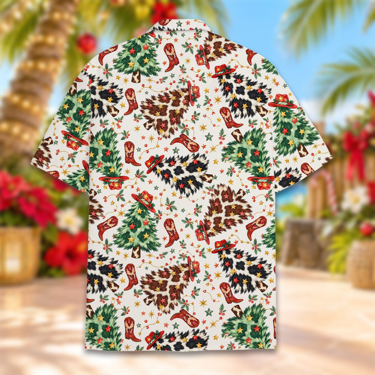 Another lifestyle shot of the matching family hawaiian shirts in a holiday setting