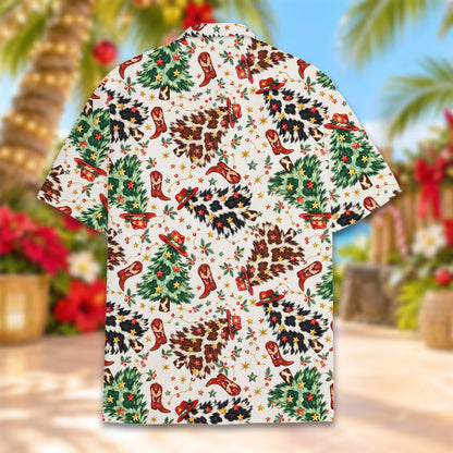 Another lifestyle shot of the matching family hawaiian shirts in a holiday setting